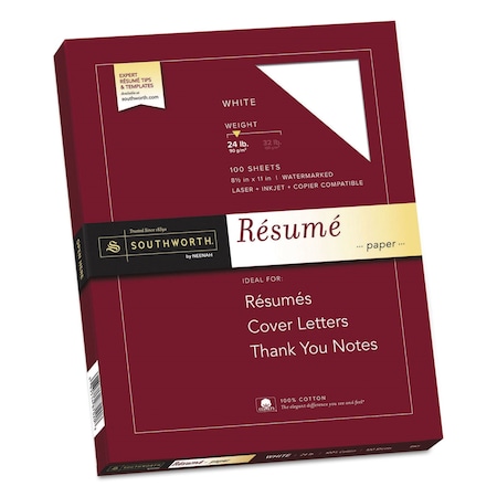 Southworth Resume Paper, 95 Bright, 24 lb Bond Weight, 8.5 x 11, White, PK100 R14CF
